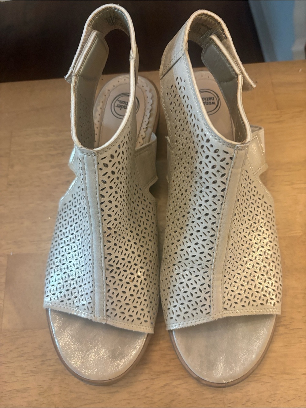 Beige/Shimmer Gold Laser-Cut Slingback Sandals